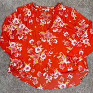 Rose + Olive Shirt Womens L Orange Floral Button Up Smocked Lightweight Prairie